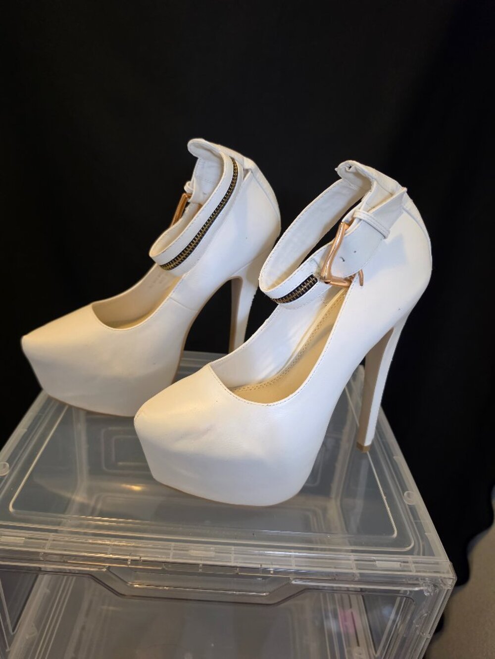 Liliana White Platform Stiletto Heels Gold Zipper Ankle Strap Pumps